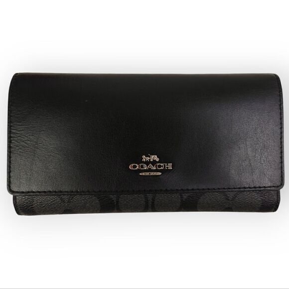 COACH CC LOGO CANVAS BLACK GENUINE LEATHER LONG WALLET PURSE CLUTCH - Picture 2 of 7